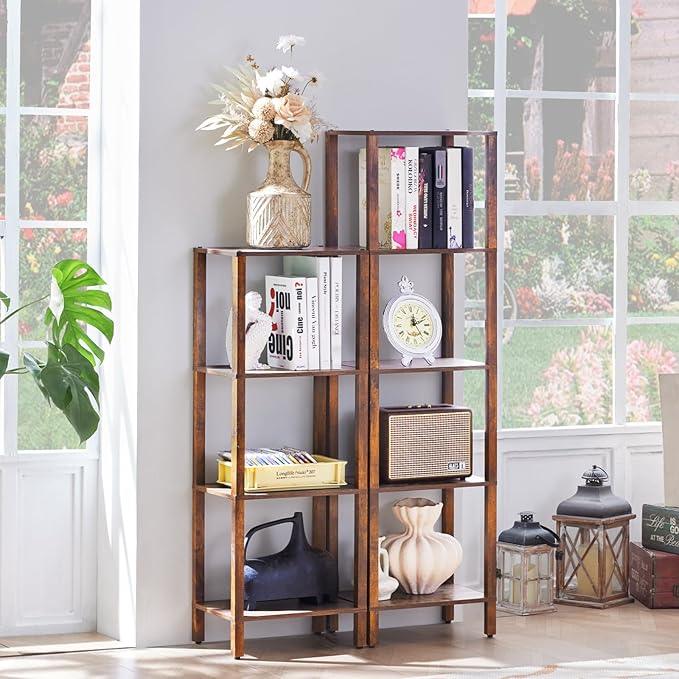 4 Tier Tall Wooden Bookshelf with Storage - Small Bookcase for Small Spaces, Shelf for Living Room, Office, Bedroom, Kitchen - Industrial Retro Brown Book Shelf - ModernBath