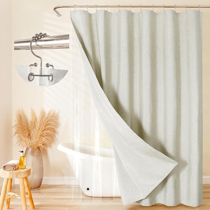 FY&XZH 3-in-1 Fabric Shower Curtain Set,Double Waterproof Linen-Texture Shower Curtain with PEVA Liner That Fully Prevents Splashes,Soft Shower Curtains with 12 Anti-Fall Hooks,72"x72"(Beige) - ModernBath