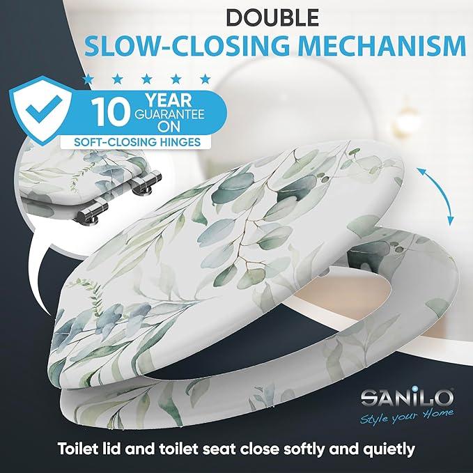 SANILO Wooden Toilet Seat with Soft Close [ELONGATED] - Decorative, Quiet & Slow Close Molded Wood Seat - With Strong Bumpers & Hinges - Adjustable Fit - Eucalyptus - ModernBath