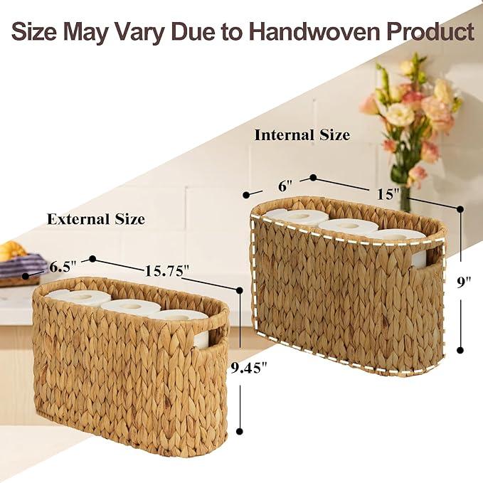 FairyHaus Wicker Toilet Paper Storage Basket with Buit-in Handles, 6 Rolls Natural Water Hyacinth Toilet Paper Holder Stand with Storage, Freestanding Handwoven Toilet Paper Holder Basket for Bathroom - ModernBath