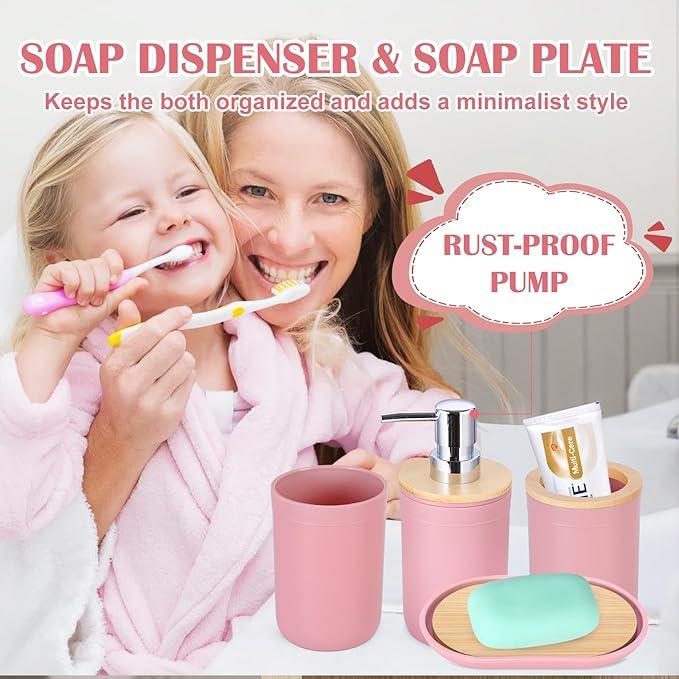 iMucci 9Pcs Pink Bathroom Accessories Set - with Trash Can,Toilet Brush,Toothbrush Holder, Lotion Soap Dispenser, Soap Dish,Toothbrush Cup,Qtip Holder,Tray - ModernBath