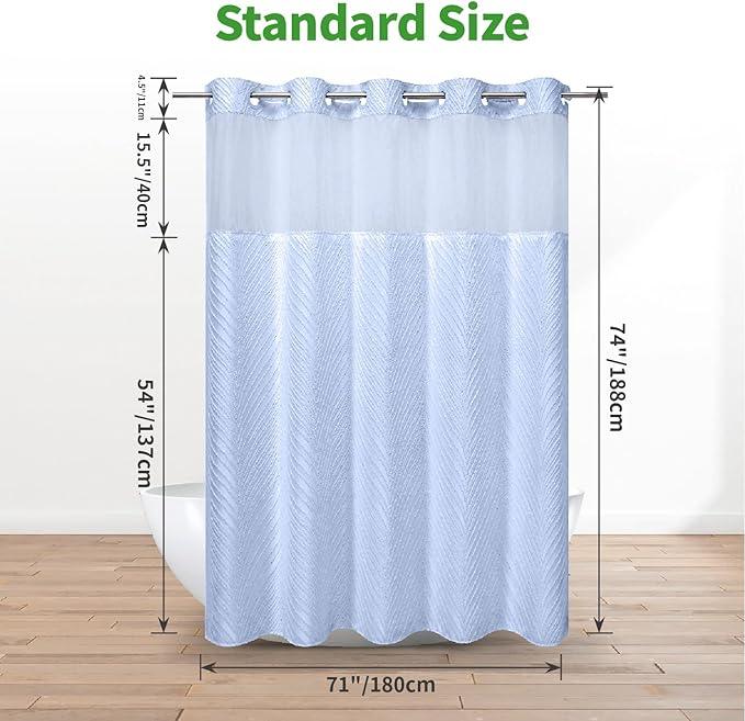 eachope no Hook Shower Curtain and Liner Set，Boho Style with See Through Top Window, Blue Fabric Tufted Striped Textured Outer Curtain & Waterproof Inner Liner, FrostBlue, 71Wx74H - ModernBath