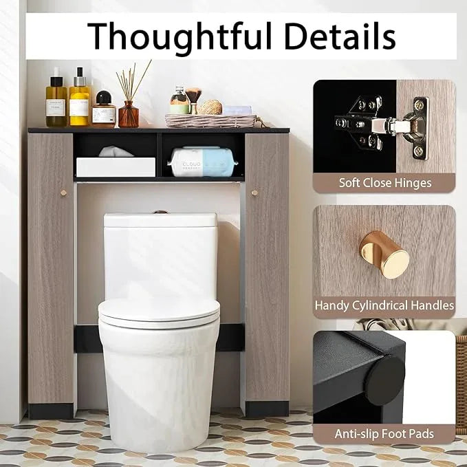 Giantex Over The Toilet Storage Cabinet, Double Door Freestanding Bathroom Organizer w/ 2 Open Compartments & 4 Adjustable Shelves, Bathroom Space Saver, Laundry Room Storage Rack (Black+Oak) - ModernBath