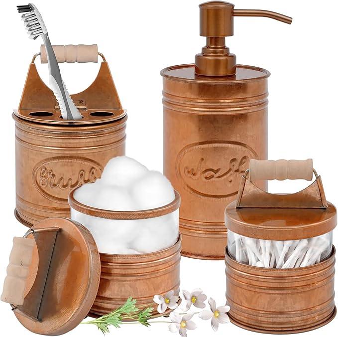 Autumn Alley Rustic Bathroom Accessories Set 4 - Copper Farmhouse Soap Dispenser, Toothbrush Holder, 2 Apothecary Jars Qtip Holder - Rustic Bathroom Decor – Farmhouse Bathroom Accessories - ModernBath