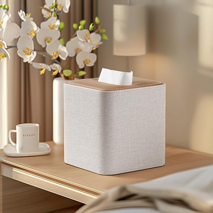 Cretkhp Square Linen Tissue Box Cover with Magnetic Closure, Modern PU Leather Tissue Box Holder for Bathroom Vanity Countertop Night Stands Bedroom Office Desk, Stylish Cube Tissue Holder (Linen) - ModernBath