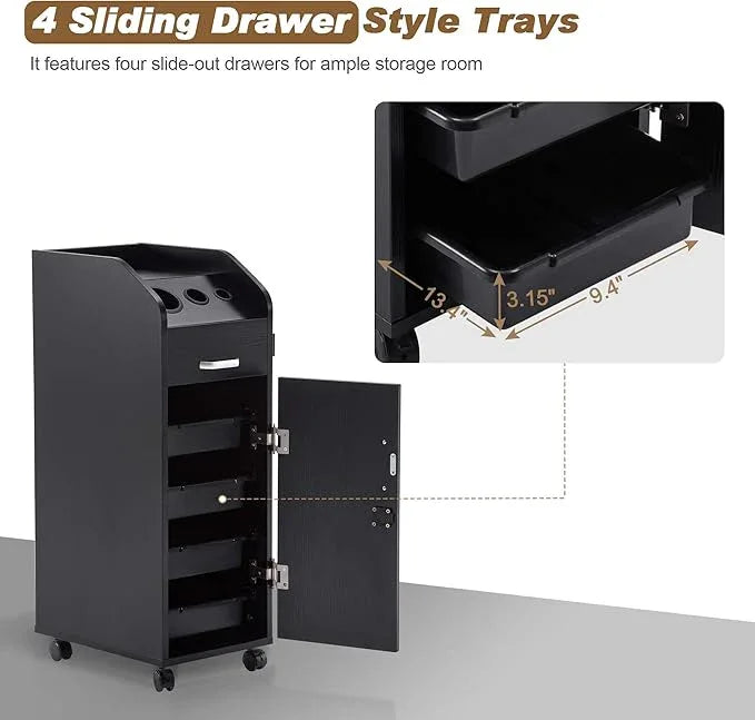 BarberPub Beauty Salon Trolley Storage Cart Hair Dryer Holder Stylist Equipment with Lockable Rolling Wheels, Drawer (Black) - ModernBath