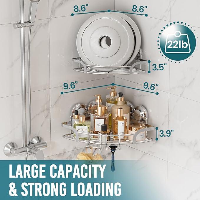 TAILI 2 Pack Powerful Suction Cup Corner Shower Caddy, Stainless Steel Rustproof Shower Shelf with Hook, Drill-Free Wall Mounted Basket, Large Capacity Removable Suction Cup Bathroom Organizer, Silver - ModernBath