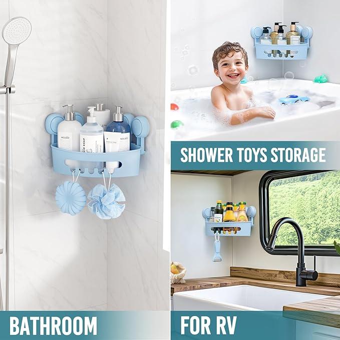 TAILI Corner Shower Caddy with Suction Cups, Wall Mounted Organizer Plastic Rack for Small Bathrooms, Kitchen, Removable Drill-Free Heavy Duty Shelf Basket, BLUE - ModernBath