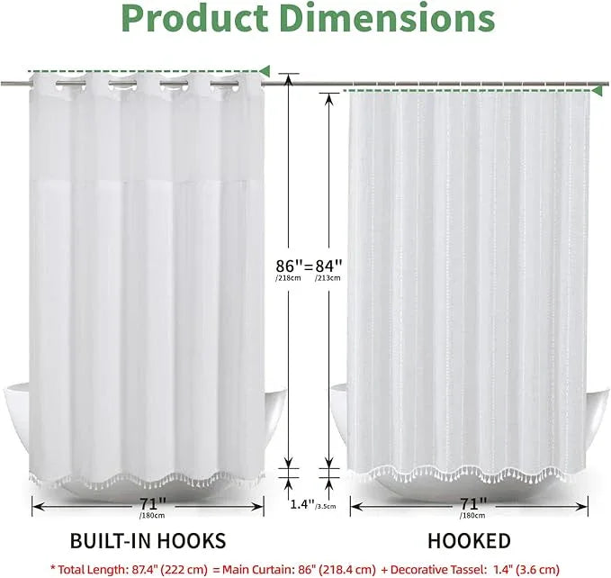 eachope No Hook Extra Long Shower Curtain Set with Snap-in Liner,Linen Textured Thick Striped Fabric with Tassels,Boho Chic Modern Farmhouse Bathroom Curtain,Water-Repellent,White,71x86 - ModernBath