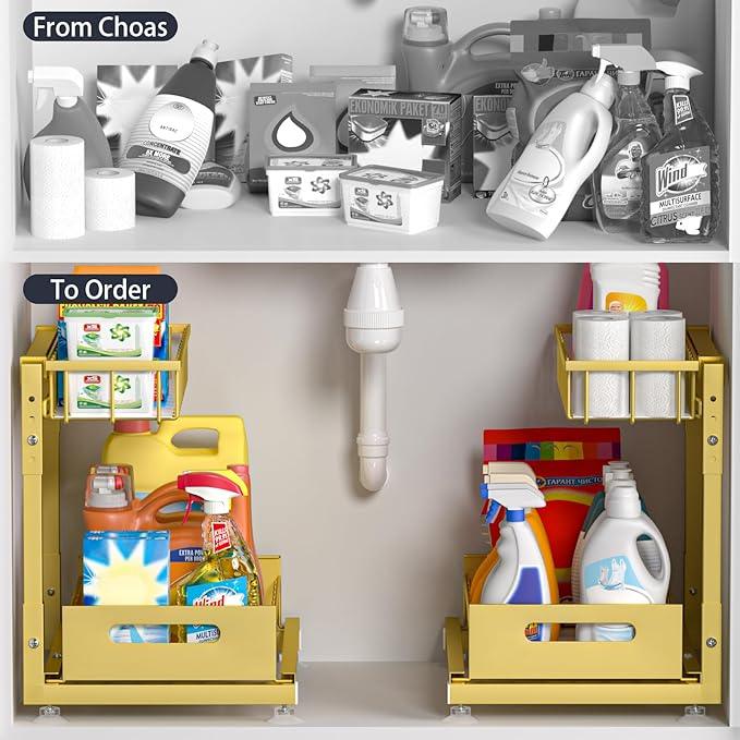 Under Sink Organizer for Kitchen and Bathroom, 2 Pack 2 Tier Pull Out Storage Rack - Height Adjustable Heavy Duty Metal Basket with High Capacity & Safety Stopper, Rustproof for Cleaning Supplies - ModernBath