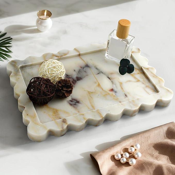 YMXYJM Genuine Calacatta Viola Scalloped Marble Tray, Real Natural Marble Stone Tray, Luxury Decorative Trays for Bathroom, Dresser, Vanity, Kitchen, Home Decor, 10.6" x 8", Calacatta Gold - ModernBath