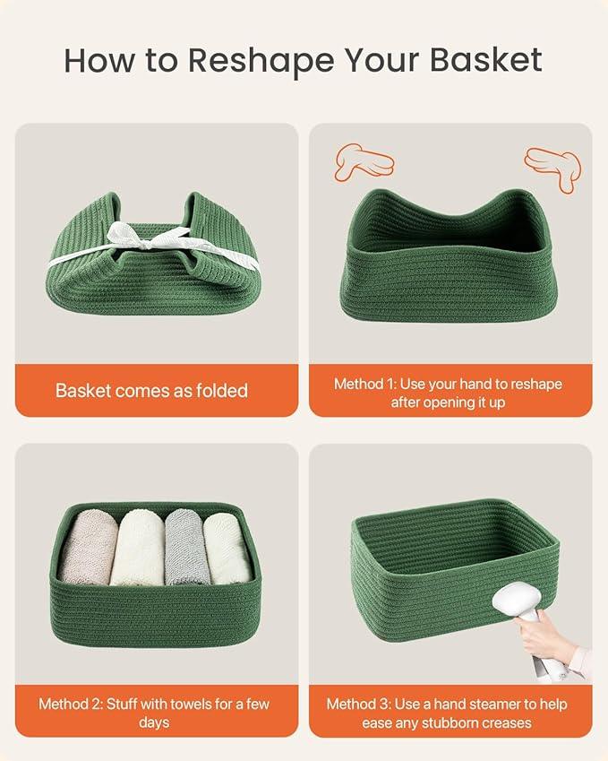 Small Woven Basket, 12 x 8 x 4.5 Inches, Storage Basket for Organizing, Cute Small Rope Shelf Closet Cube Storage Bins Baskets for Shelves, Dog Toy Gift Baskets Empty, 3 Packs, Green - ModernBath