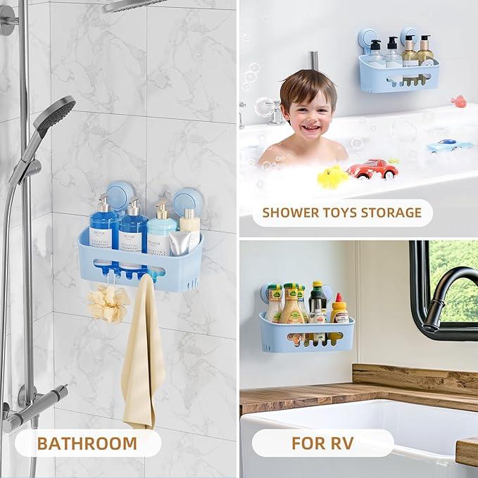 LEVERLOC Shower Caddy Suction Cup, Shower Organizer Removable Bathroom Shelf, Storage Suction Powerful Max Hold 22lbs Bathroom Caddy Waterproof Holder, Blue - ModernBath