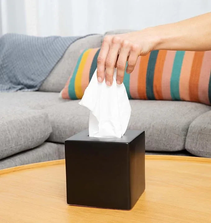 Simple Solid Ceramic Tissue Box Cover – Square Matte Finish Tissue Holder for Bathroom, Vanity, Nightstand, Office – Decorative & Discreet – Fits Standard Tissue Boxes (Black) - ModernBath