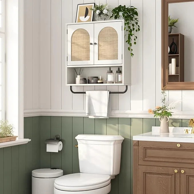 RUSTOWN Rattan Bathroom Wall Cabinet, Boho Medicine Cabinet with 2 Arched Doors, Farmhouse Over The Toilet Storage Cabinets with Adjustable Shelves & Towel Bar, 3-Tier Wall Mounted Cabinets - ModernBath