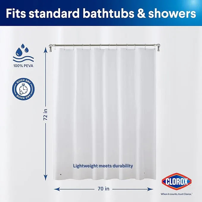 Clorox Shower Curtain Liner, Premium Lightweight Flexible Waterproof 4g PEVA for Bathroom with Weighted Magnets, Standard Size 70" x 72", White 1 Pack - ModernBath