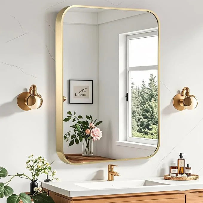 CLBA Gold Bathroom Mirror, 24x32 Inch Brushed Gold Mirror, Aluminum Alloy Framed Vanity Mirror, Rounded Rectangle Bathroom Mirror for Over Sink, Anti-Rust Wall Mirror (Horizontally or Vertically) - ModernBath