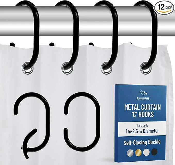 Blau Marité 12 Metal Shower Curtain Hooks, Rust-Proof Decorative C-Shaped Curtain Hooks for Bathroom, Black Shower Curtain Rings, Fits Rods Up to 1 Inch (C, Black) - ModernBath
