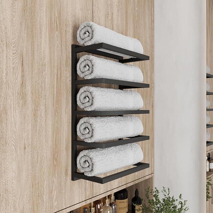 Modern Tiered Towel Rack - Wall-Mounted Metal Towel Shelf for Bathroom, Space-Saving Storage for Towels, Organizers, and Home Decor (Black, 5-Tier) - ModernBath