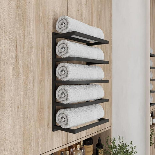 Modern Tiered Towel Rack - Wall-Mounted Metal Towel Shelf for Bathroom, Space-Saving Storage for Towels, Organizers, and Home Decor (Black, 5-Tier) - ModernBath