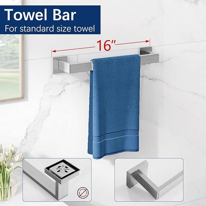 Brushed Nickel Towel Rack for Bathroom Wall Mounted, Bathroom Accessory Set 5-Pieces Bathroom Hardware Set 16In Towel Bar Set - ModernBath