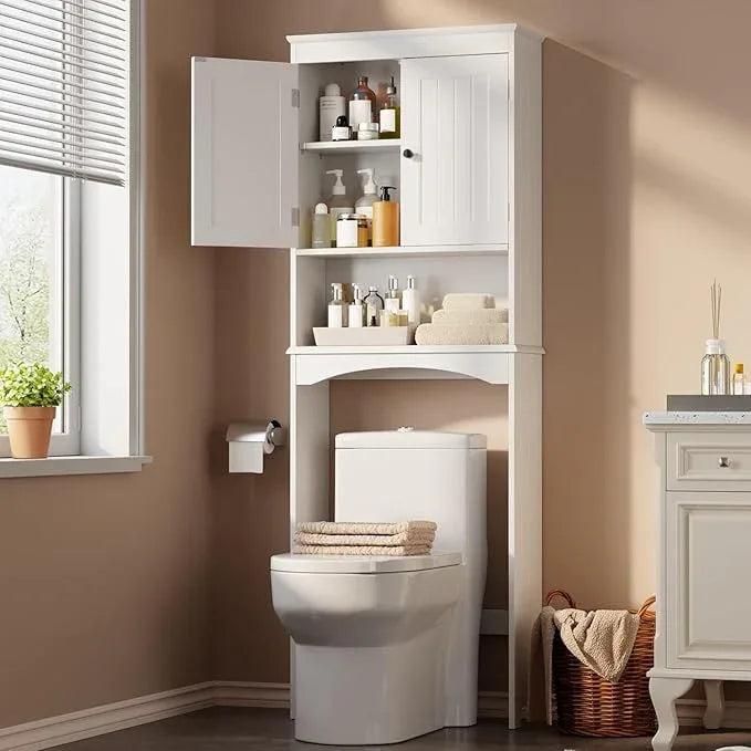 Gizoon Over The Toilet Storage Cabinet with Adjustable Shelf and Double Doors, Bathroom Space Saver Organizer Above Toilet with Open Shelf, Taller Wooden Free Standing Toilet Rack -White - ModernBath