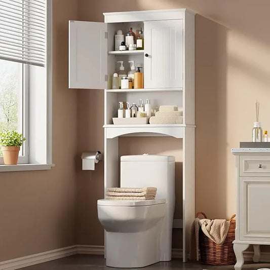 Gizoon Over The Toilet Storage Cabinet with Adjustable Shelf and Double Doors, Bathroom Space Saver Organizer Above Toilet with Open Shelf, Taller Wooden Free Standing Toilet Rack -White - ModernBath