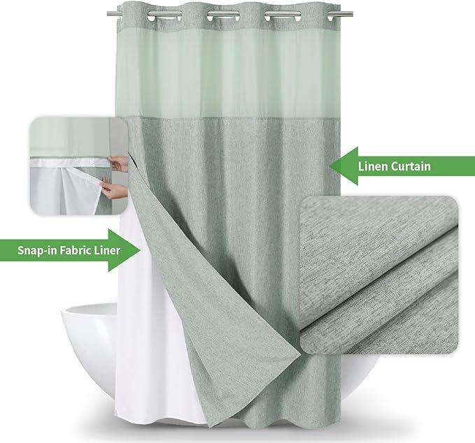 eachope Stall No Hooks Needed Linen Textured Shower Curtain with Snap-in Fabric Liner Set,Hotel Luxury Decor Shower Curtains for Bathroom,Waterproof & Washable,60Wx74H,Sage Green - ModernBath