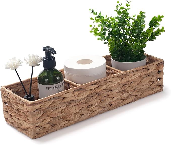 Water Hyacinth Toilet Tank Basket for Toilet Paper Rolls Wicker Baskets for Shelves Tampon Storage for Bathroom 3 Dividers (Large Compartment 16.5inch x 5.5inch x 3.5inch) - ModernBath