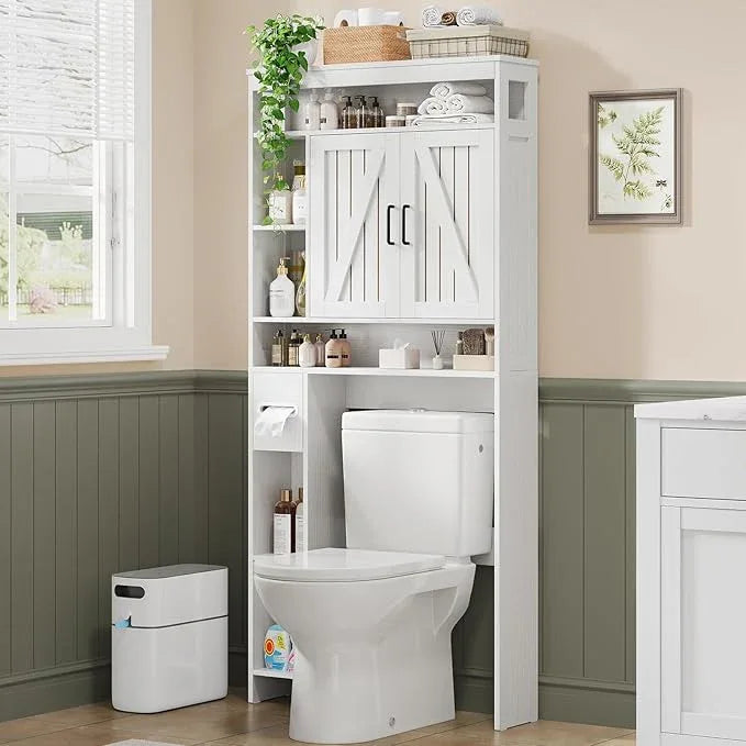 Over The Toilet Storage Cabinet with 2 Barn Doors & Built-in Toilet Paper Holder, Farmhouse Space-Saving Organizer for Bathrooms and Laundry Room, White - ModernBath