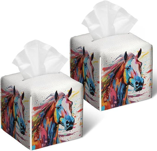 Colorful Horse Tissue Box Cover 2PCS, Animals Leather Tissue Box Holder Square Facial Paper Case Tissue Box Cube Organizer for Bathroom Bedroom Desk Office - ModernBath