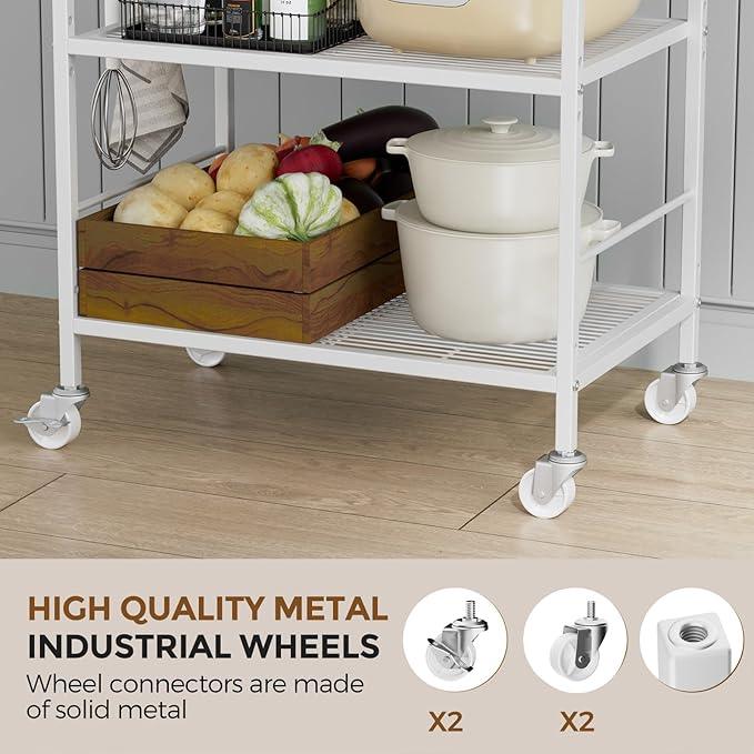 3-Tier Metal Storage Rack with Industrial Wheels,Mesh Shelving Unit with Wooden Table top,Adjustable Shelf,23.6-Inch Width,15.8-Inch Depth, for Kitchen, Laundry,Pantry,Plant,white - ModernBath