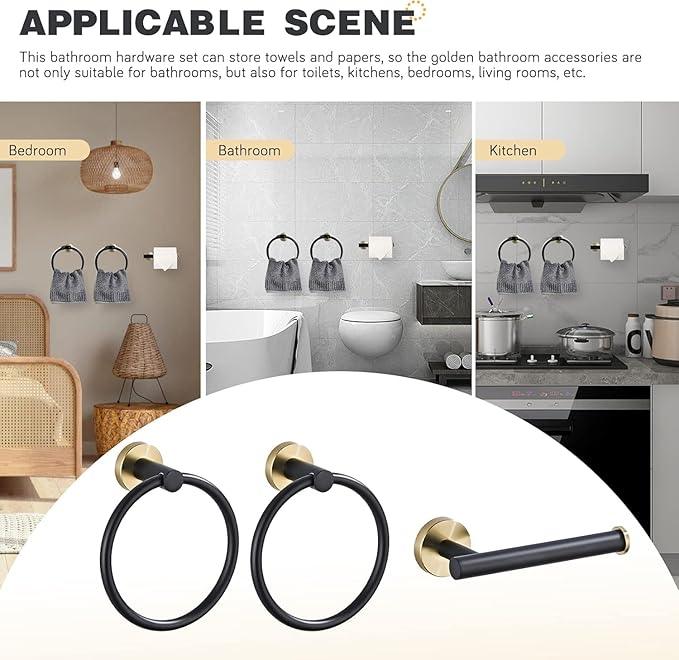 Bathroom Hardware Set 3 Piece Black&Gold Wall Mounted Stainless Steel Hardware Towel Bar Set Gold Bathroom Accessories Towel Rack Set Kit Includes 2 Hand Towel Ring, Toilet Paper Holder - ModernBath