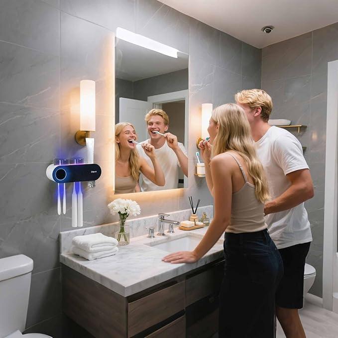 iHave Toothbrush Holders for Bathrooms, UV Toothbrush Sanitizer and Holder Smart Home Bathroom Accessories, 2 Cups Electric Toothbrush Holder Wall Mounted with Toothpaste Dispenser Bathroom Decor - ModernBath