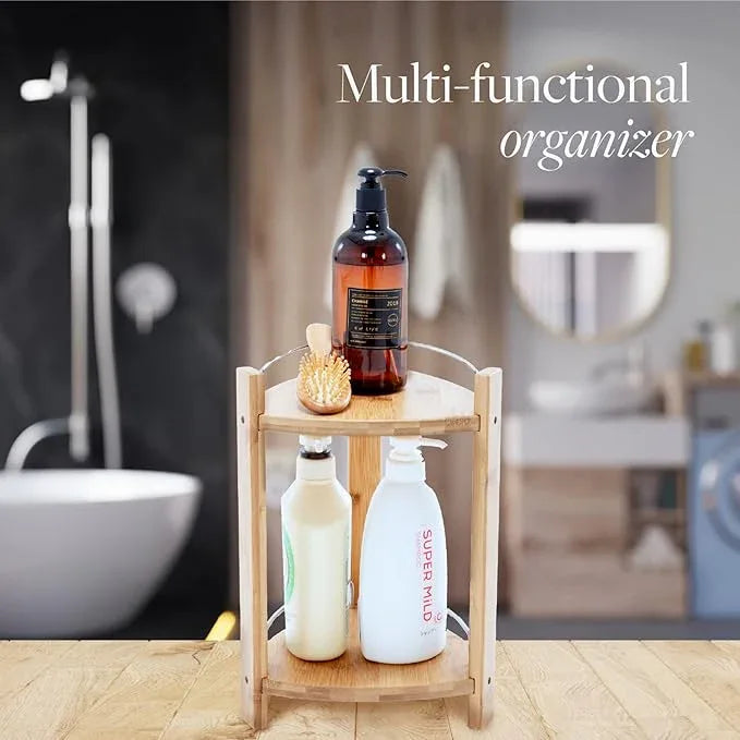 GOBAM Bamboo Shower Corner Caddy, Medium - 2 Tier Bathroom Organizer Countertop for Shampoo, Conditioner, Lotion, Soap - Standing Shower Stand for Kitchen, Bedroom, or Office - ModernBath