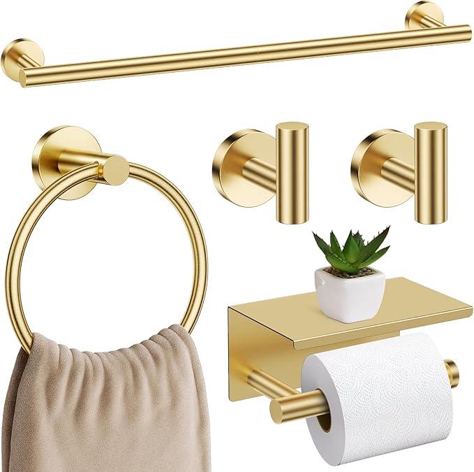 Brushed Gold Bathroom Hardware Set, 5 Pieces Gold Towel Bar Bathroom Accessories, Upgraded Toilet Paper Holder with Shelf Set, 23.6 Inch Towel Rack Towel Holder for Bathroom Wall - ModernBath