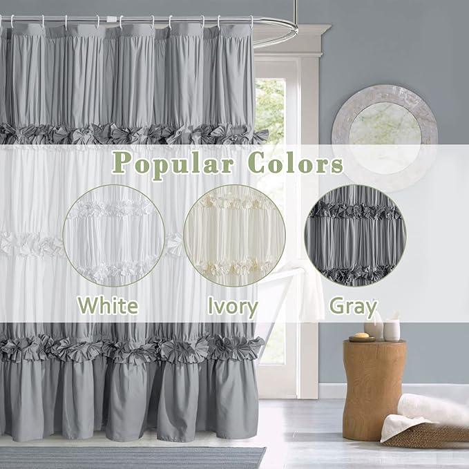 Homechoice Decor Victorian Ruffle Shower Curtain, Vintage Handcrafted Bow Tie Bath Curtain for Master Bathroom, Ruched Microfiber Bathroom Curtain with 12 Buttonholes, 72" W x 72" H, Gray (LQ-10) - ModernBath