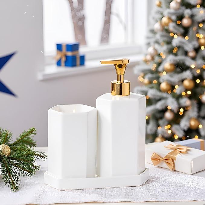 Ceramic Bathroom Accessories Complete with Soap Dispenser, Toothbrush Holder, Bathroom Tumbler, and Vanity Tray - Modern Bathroom Decor,3PCS (Gold) - ModernBath