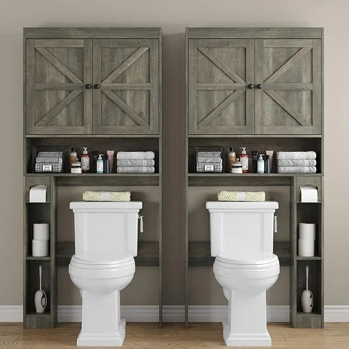 Furnideco 32.3''W Over The Toilet Storage Cabinet with Barn Doors, Over Toilet Shelf Farmhouse Storage Cabinet Space Saver with Toilet Paper Holder & Adjustable Bottom Bar, Gray - ModernBath