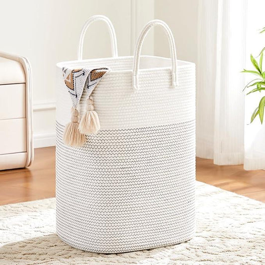 Laundry Basket,Woven Cotton Rope Laundry Hamper,Versatile Storage for Dirty Clothes,Baby Toys,and Blankets in Bathroom, Nursery,and Living Room (White, 100L) - ModernBath