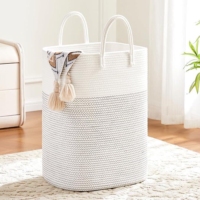Laundry Basket,Woven Cotton Rope Laundry Hamper,Versatile Storage for Dirty Clothes,Baby Toys,and Blankets in Bathroom, Nursery,and Living Room (White, 80L) - ModernBath