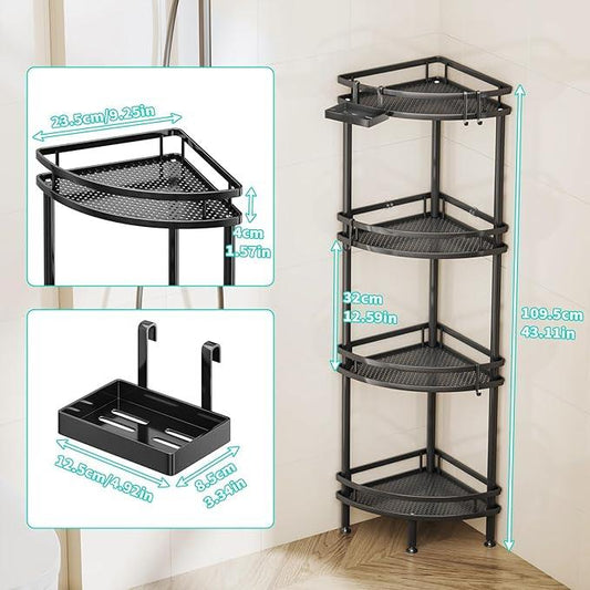 HapiRm Standing Corner Shower Caddy - 4 Tier Shower Organizer Corner with Soap Holder and 4 Hooks, Rustproof Bathroom Storage Shelves with Adhesives, Black - ModernBath