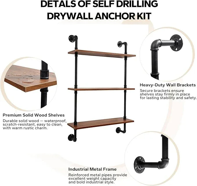3-Tier Industrial Pipe Floating Shelf – Rustic 24 inch Wood Wall-Mounted Storage Shelf for Kitchen Office,Bathroom & Home Decor -Walnut - ModernBath