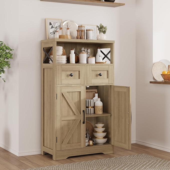 Natural Storage Cabinet with Doors and Shelves, Standing Kitchen Pantry Cabinet, Floor Storage Hutch Cupboard, Coffee Bar Station for Dining, Living Room, Home Office - ModernBath