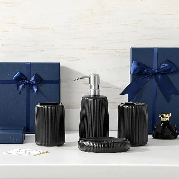 vancasso Ceramic Bathroom Accessories Set 4 Piece, Soap Dispenser with Stainless Steel Pump, Toothbrush Holder, Tumbler and Soap Dish, Modern Relief Design, Bathroom Decor Organizer, Black - ModernBath