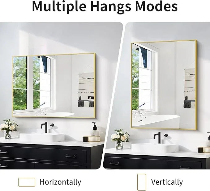 COFENY 30x40In Gold Bathroom Mirror for Wall, Brushed Gold Rectangle Mirrors with Metal Frame, Bathroom Rectangular Mirror Modern Wall Mirror for Bedroom Living Room, Hangs Horizontal or Vertical - ModernBath