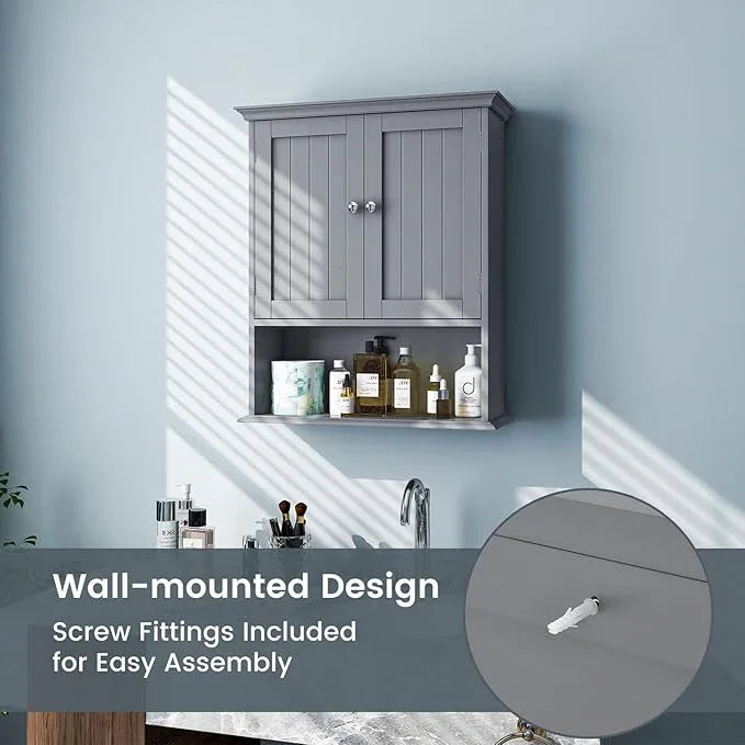 Tangkula Bathroom Wall Cabinet, Wooden Hanging Cabinet with Doors & Shelves, Multipurpose Storage Cabinet for Restroom Kitchen Living Room, Wall Mounted Bathroom Medicine Cabinet (Grey) - ModernBath