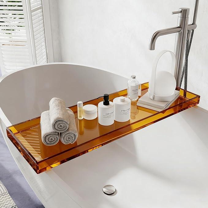 CXNGD Bathtub Tray Table, Clear Acrylic, Anti-Slip Bath Caddy, (Amber, L32.3″ x W7.87″ x H1.18″) - ModernBath