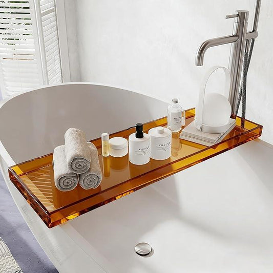 CXNGD Bathtub Tray Table, Clear Acrylic, Anti-Slip Bath Caddy, (Amber, L32.3″ x W7.87″ x H1.18″) - ModernBath