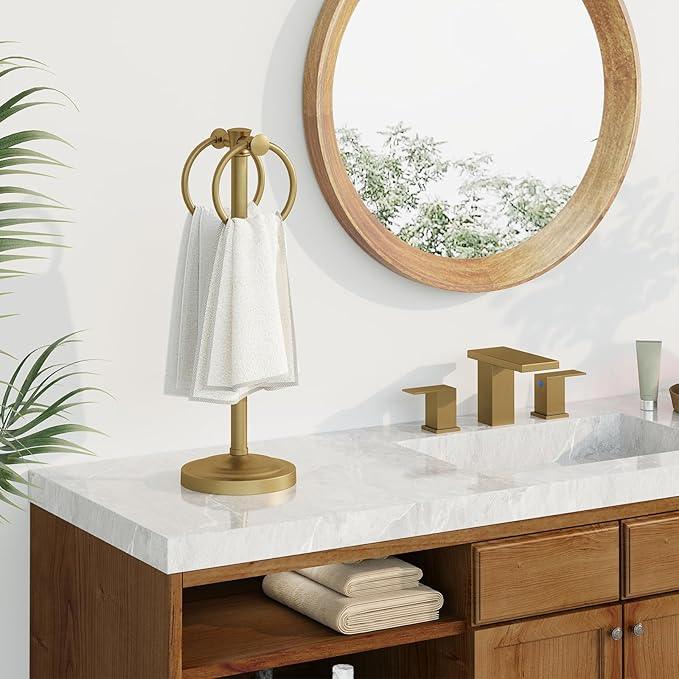 Hoimpro 17" Brushed Gold Free Standing Towel Rack Bracket, Double Towel Ring Hand Towel Stand Holder, Bathroom Hardware Accessories Set Towel Bar for Bathroom Vanities and Kitchen Countertops - ModernBath